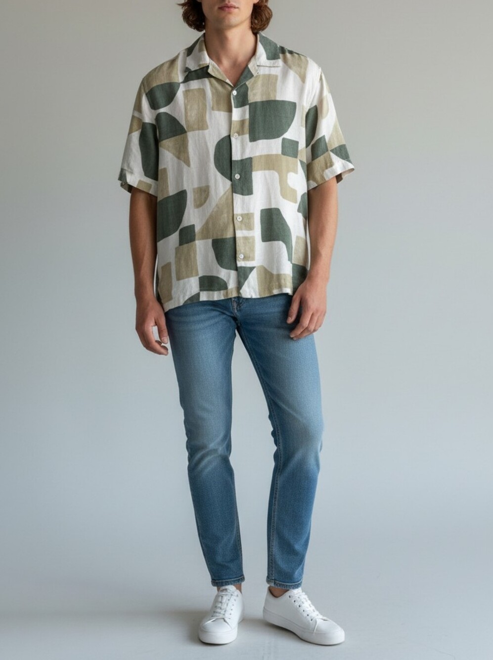 Zara Linen Olive & White Short Sleeve Button-Down Shirt Mens M Boho Retro 90s